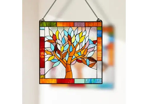  River of Goods Multicolor Mystical Tree Stained Glass Window Panel 