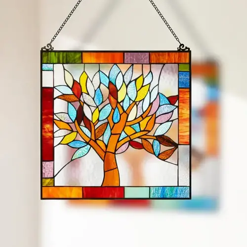  River of Goods Multicolor Mystical Tree Stained Glass Window Panel 