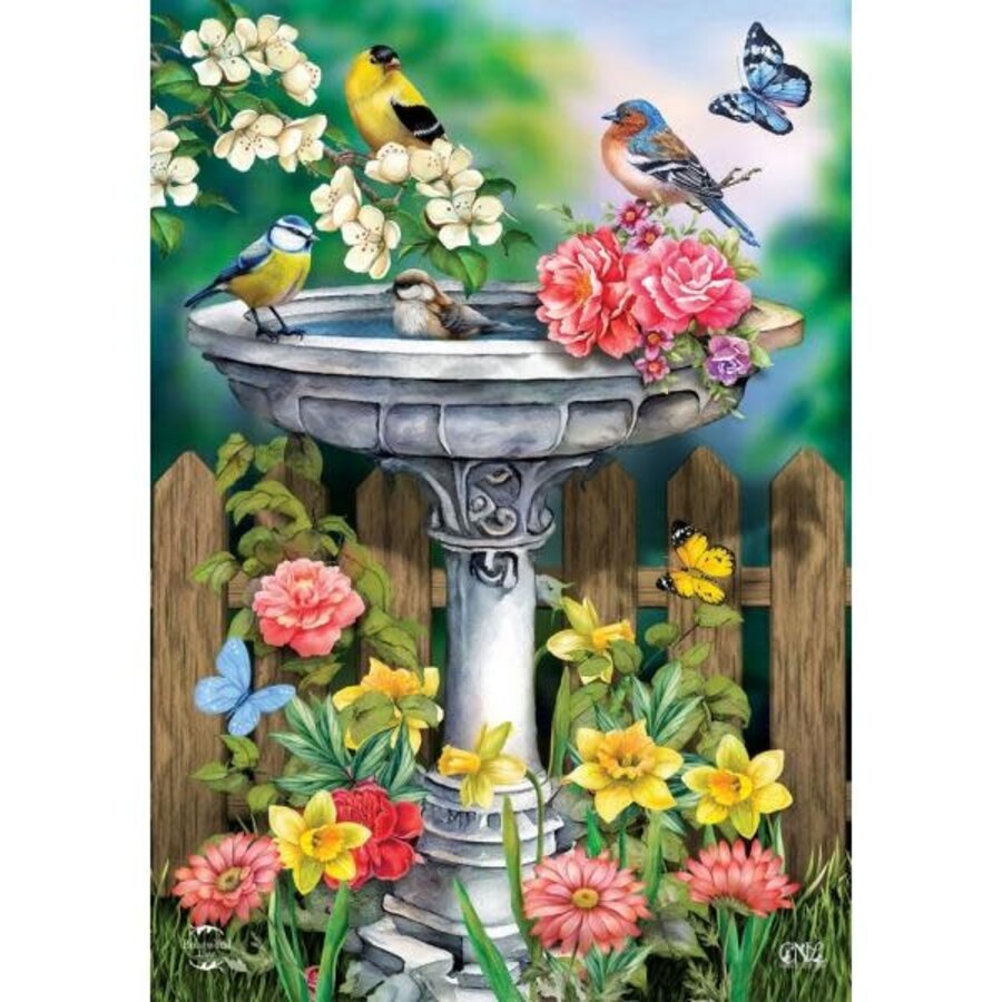 Birdbath in Bloom Garden Flag