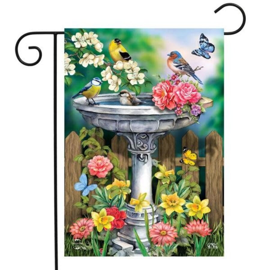 Birdbath in Bloom Garden Flag