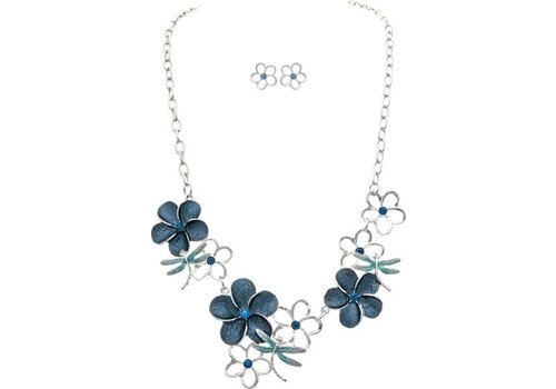  Rain Jewelry Collection Silver Blue Flower & Dragonfly Necklace Set 