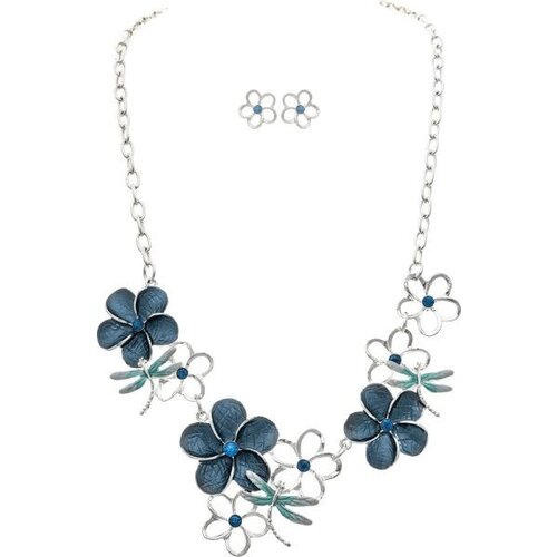 Rain Jewelry Collection Silver Blue Flower & Dragonfly Necklace Set 