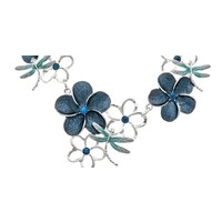 Silver Blue Flower & Dragonfly Necklace Set