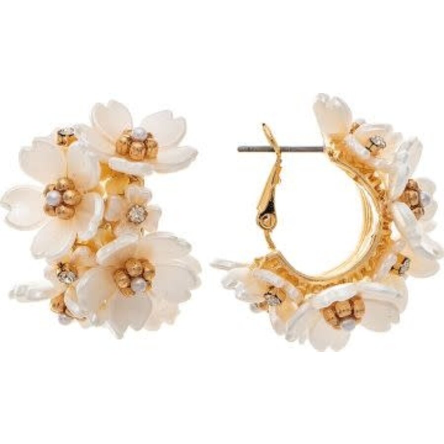 Gold White Flower Bunch Hoop Earrings