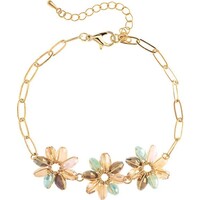 Gold M/C  Bead Flowers Chain Link Bracelet