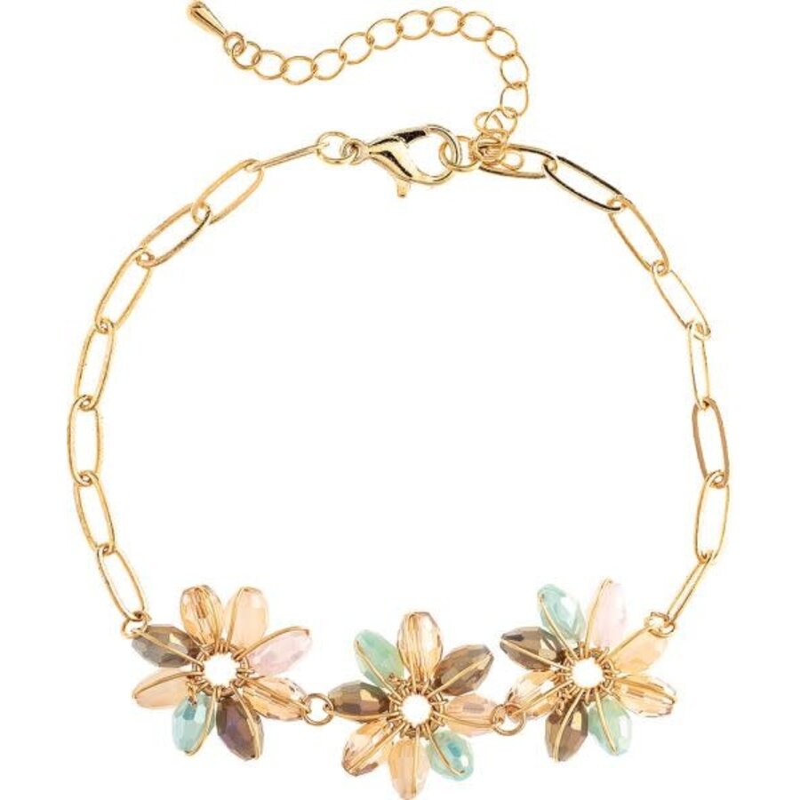 Gold M/C  Bead Flowers Chain Link Bracelet