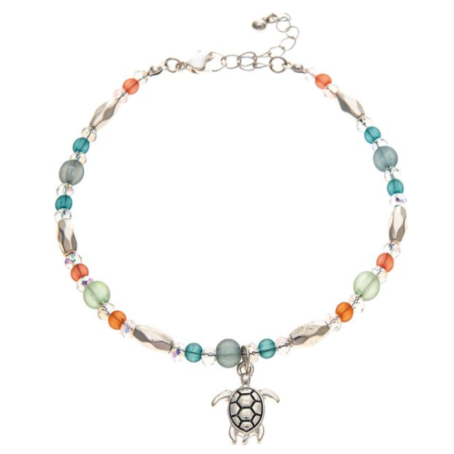 Silver Blue Multicolored Bead Turtle Anklet