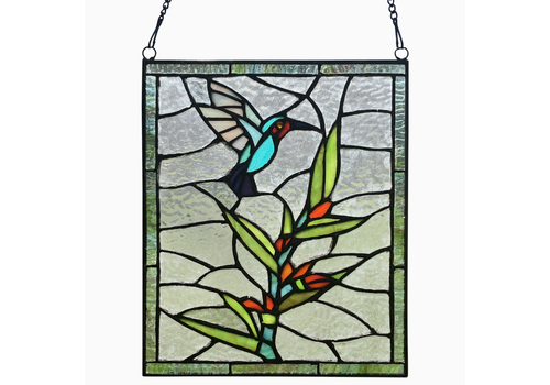 River of Goods Happy Hummingbird Stained Glass Window Panel 