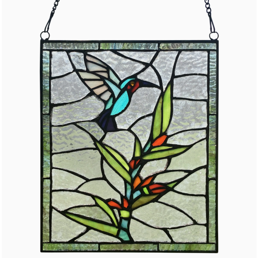 Happy Hummingbird Stained Glass Window Panel