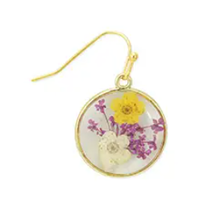 Cottage Purple Yellow Dried Flower Round Earrings