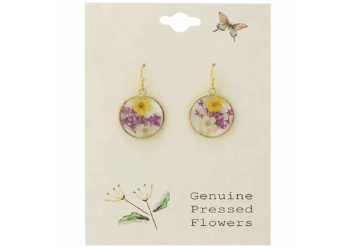  ZAD Cottage Purple Yellow Dried Flower Round Earrings 