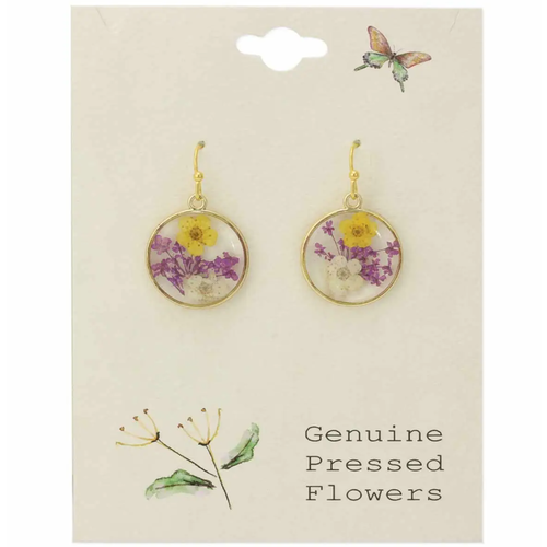  ZAD Cottage Purple Yellow Dried Flower Round Earrings 