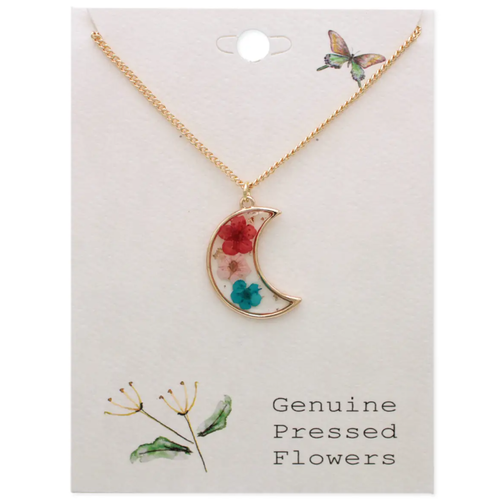 ZAD Multi Dried Flower Gold Moon Necklace   ZAD Multi Dried Flower Gold Moon Necklace