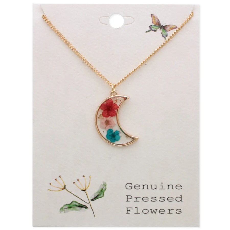 Multi Dried Flower Gold Moon Necklace
