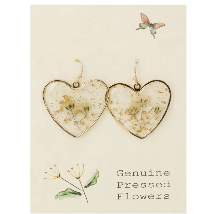 Queen Anne's Lace Dried Flower Heart Earrings