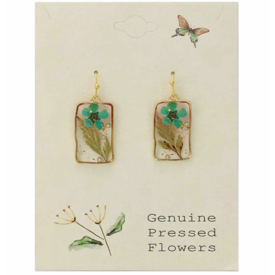 Cottage Turquoise Dried Flower Rectangle Earrings