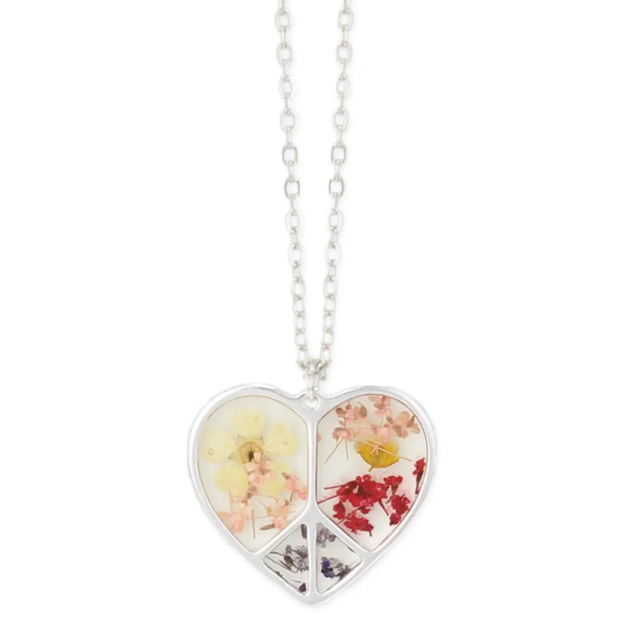 Dried Flowers Silver Peace Heart Necklace
