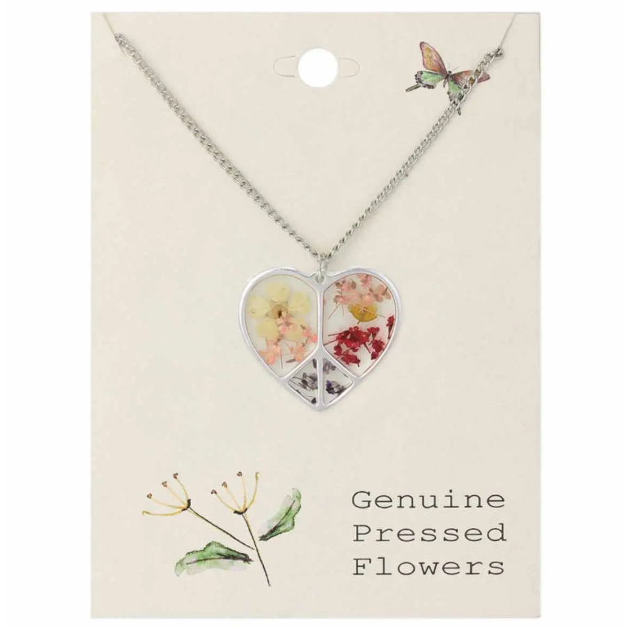 Dried Flowers Silver Peace Heart Necklace