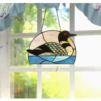 9.5"H Swimming Loon Stained Glass Window Panel