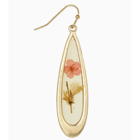 Pink Dried Flower Long Teardrop Gold Earrings