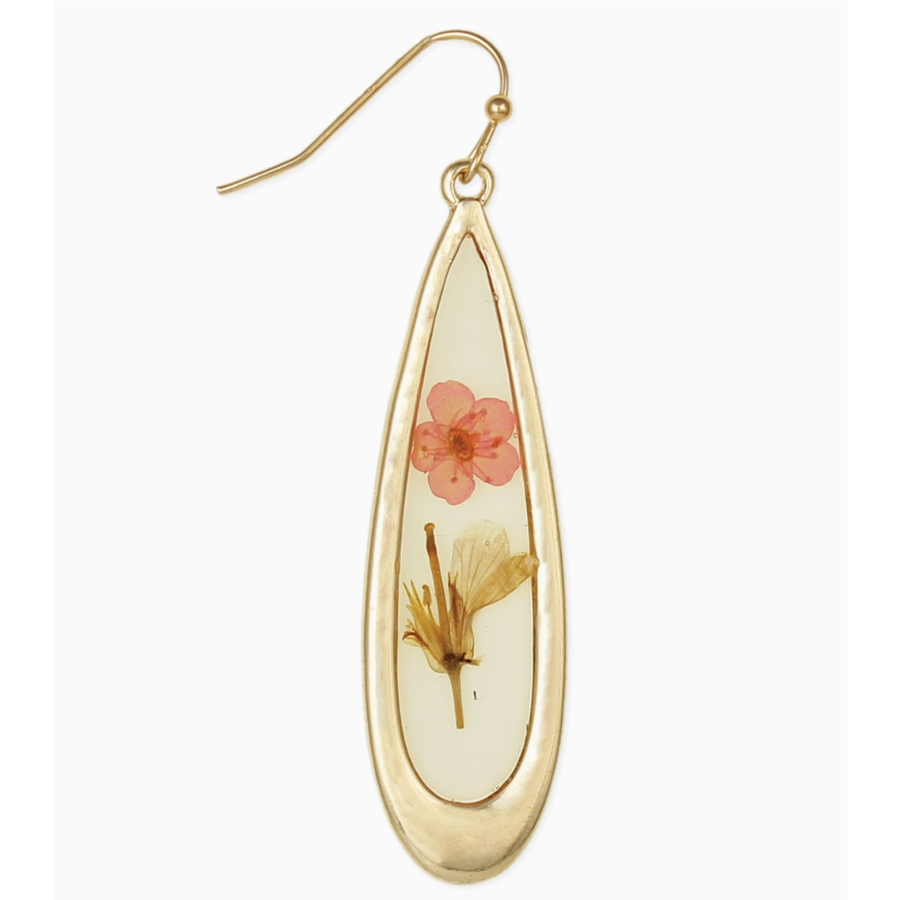 Pink Dried Flower Long Teardrop Gold Earrings
