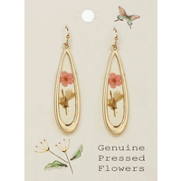 Pink Dried Flower Long Teardrop Gold Earrings
