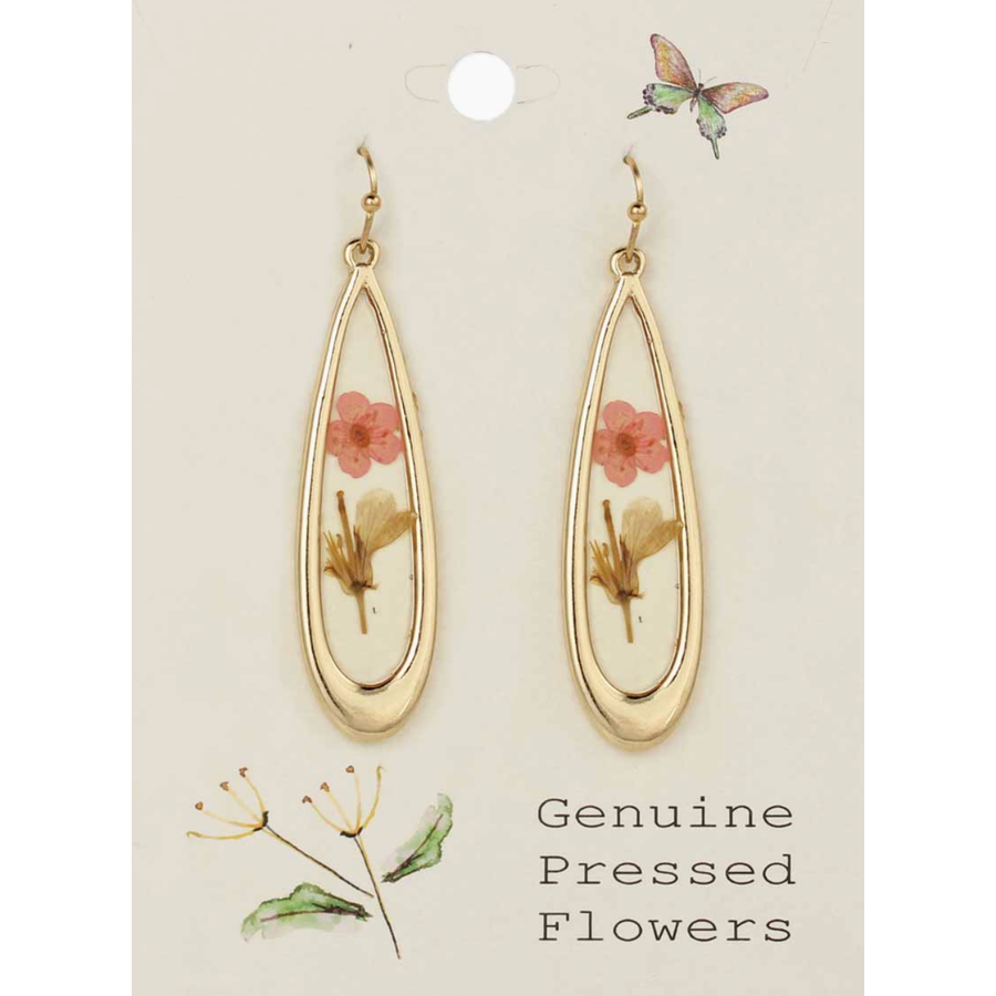Pink Dried Flower Long Teardrop Gold Earrings