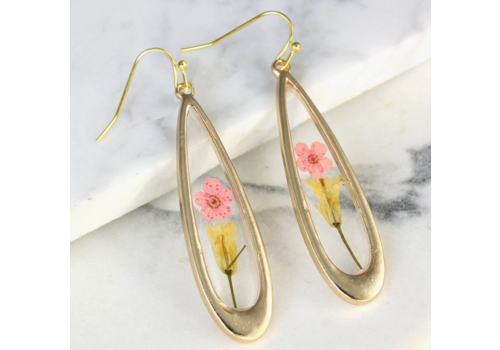  ZAD Pink Dried Flower Long Teardrop Gold Earrings 