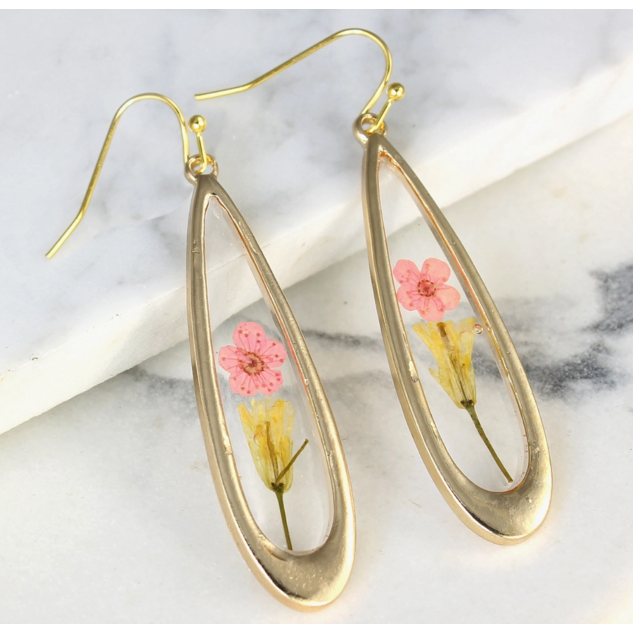 Pink Dried Flower Long Teardrop Gold Earrings