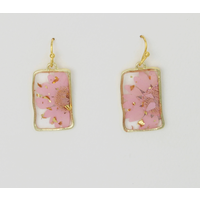 Purple Pink Dried Flower Rectangle Gold Earrings