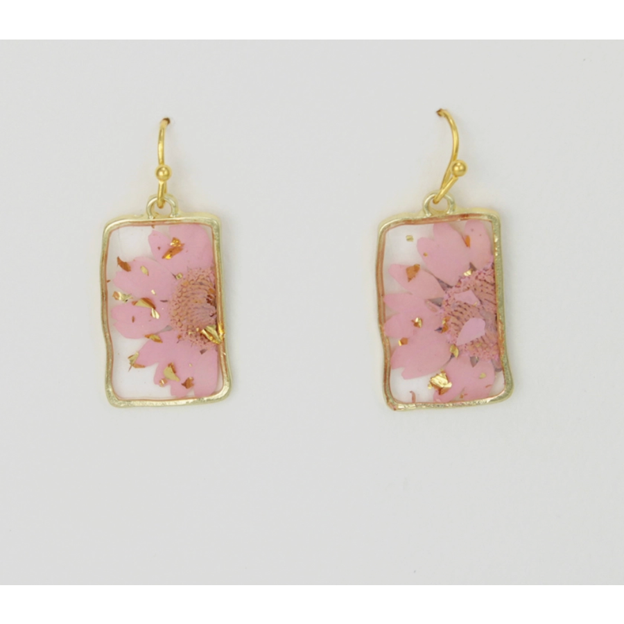 Purple Pink Dried Flower Rectangle Gold Earrings