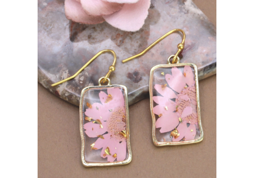  ZAD Purple Pink Dried Flower Rectangle Gold Earrings 