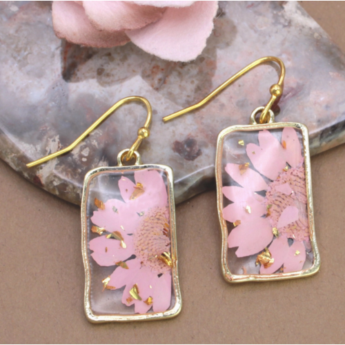  ZAD Purple Pink Dried Flower Rectangle Gold Earrings 