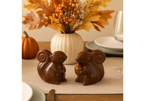  Stoneware Squirrel Salt + Pepper Shakers 