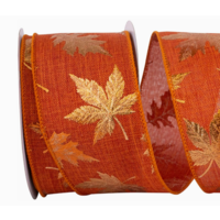 Metallic Raised Leaf Linen Wired Edge Ribbon 10 YDS