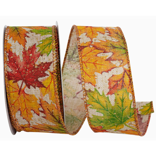  Reliant Ribbon Leaf Multi Color Linen Wired Edge Ribbon 10 YDS 