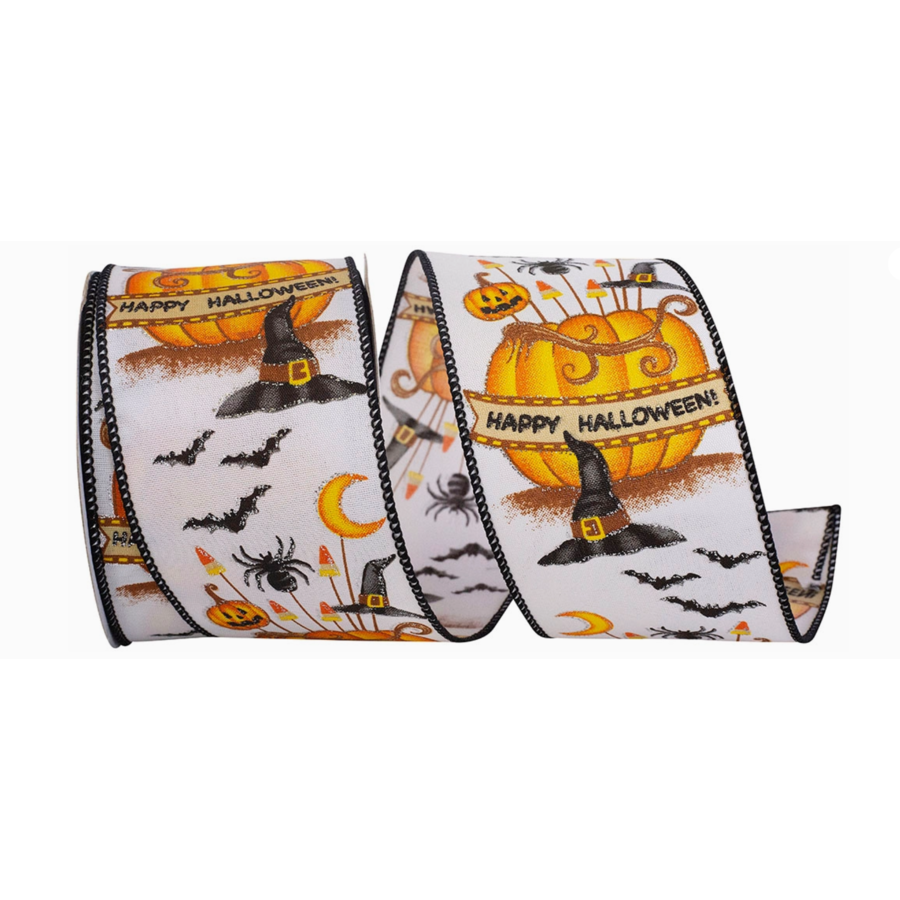 Witch Hat & Pumpkins Wired Edge Ribbon by yard