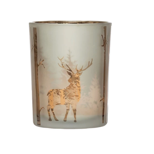  Creative Co-Op Mercury Glass Candle Holder with Laser Etched Reindeer 