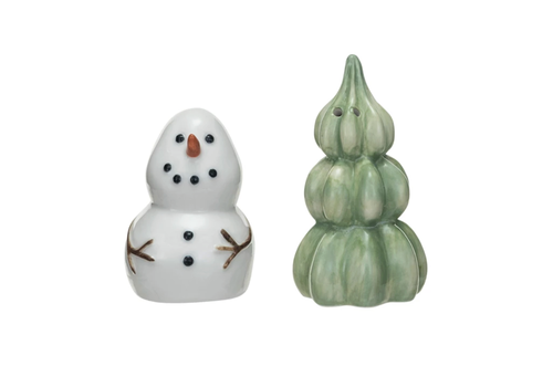 Creative Co-Op Stoneware Snowman & Tree Salt & Pepper Shakers 