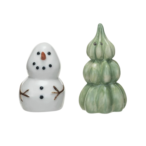  Creative Co-Op Stoneware Snowman & Tree Salt & Pepper Shakers 