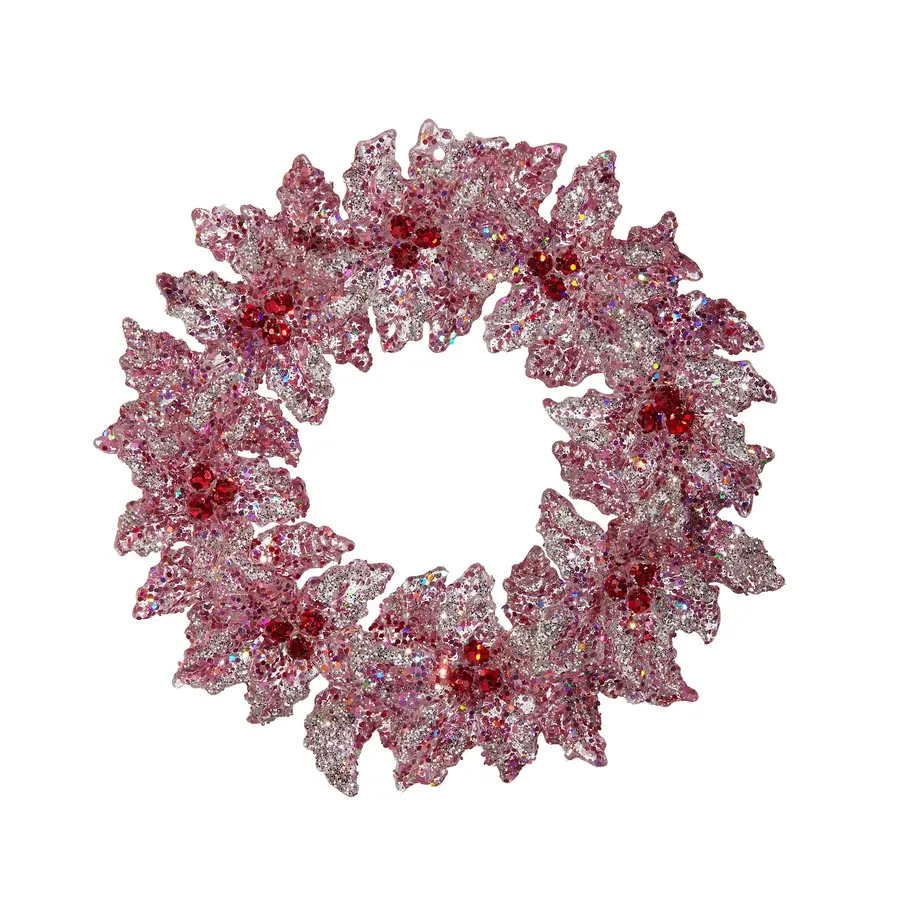 Glittered Holly Wreath Orn 5"