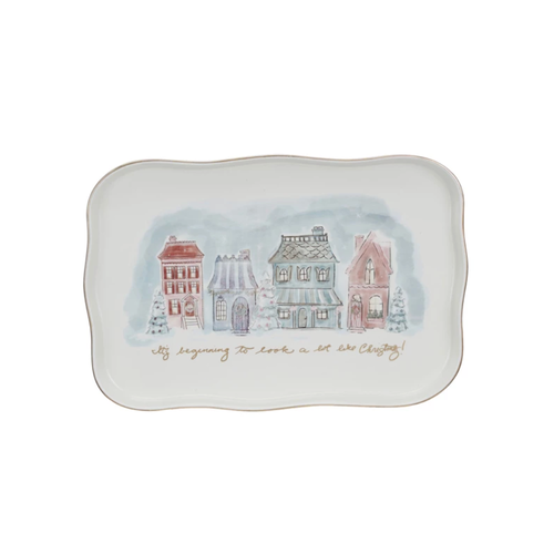  Creative Co-Op Stoneware Platter with Village Christmas Scene 