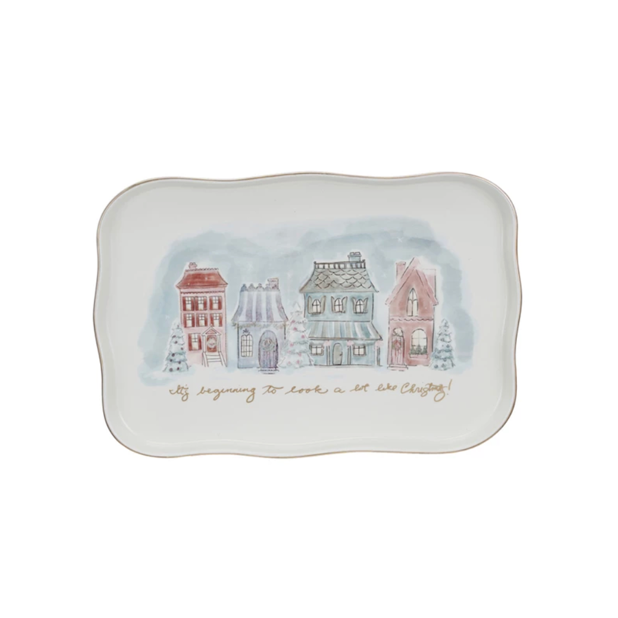 Stoneware Platter with Village Christmas Scene
