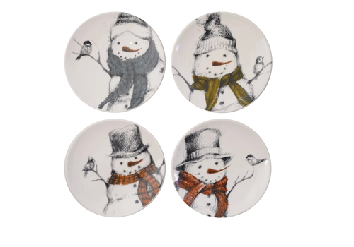  Creative Co-Op Round Stoneware Plate with Snowman & Bird 