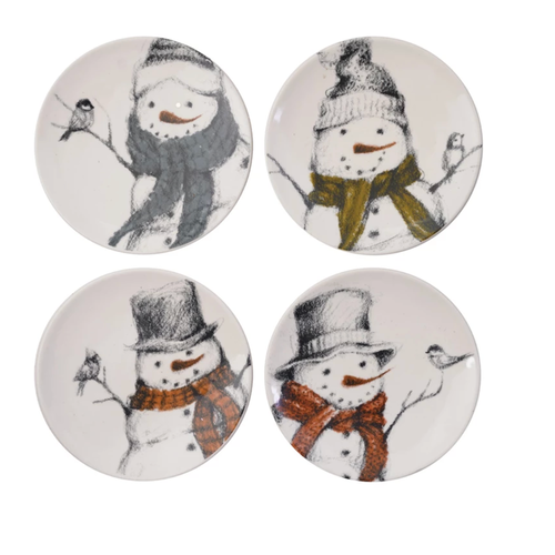  Creative Co-Op Round Stoneware Plate with Snowman & Bird 