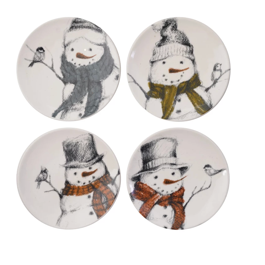 Round Stoneware Plate with Snowman & Bird