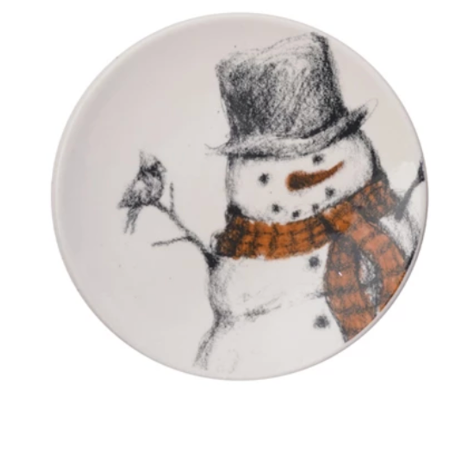 Round Stoneware Plate with Snowman & Bird
