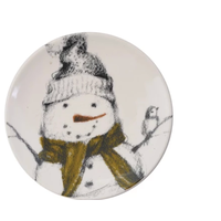 Round Stoneware Plate with Snowman & Bird