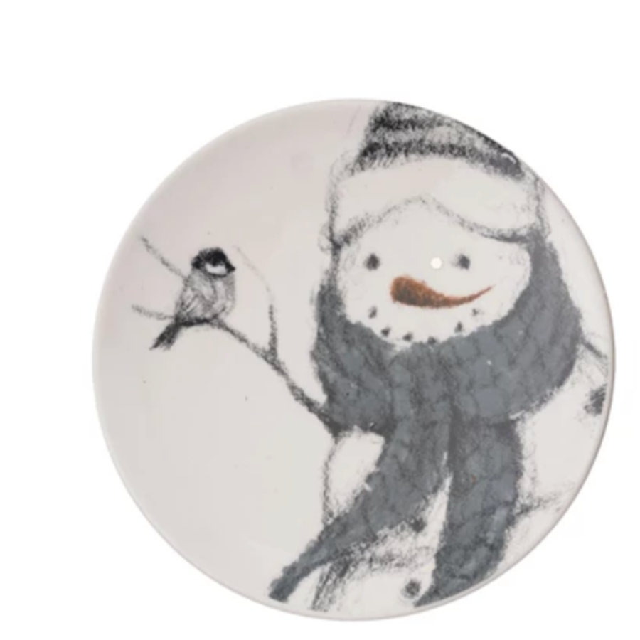 Round Stoneware Plate with Snowman & Bird