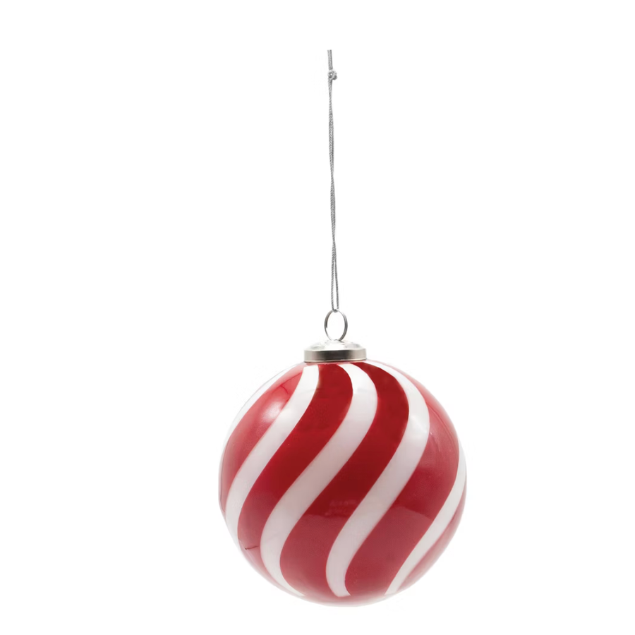 Hand-Blown Glass Ball Ornament with Stripes Red and White
